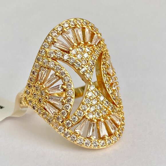 Art Deco Cubic Zirconia Cocktail Ring Yellow Gold Plated Size 7 8 9 Statement - Picture 6 of 15